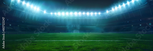 Spectacular sport stadium with glowing floodlights and empty green grass field. Professional sports background for advertisement. AI photo