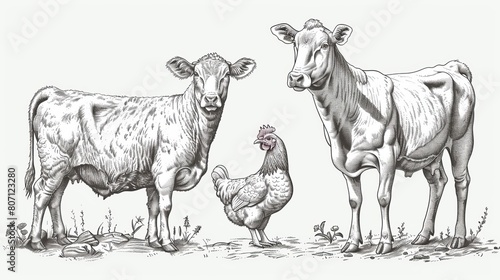 Hand-drawn engraving-style vector illustration showcasing a cow, sheep, and chicken, representing farm domestic animals in a rustic manner. photo