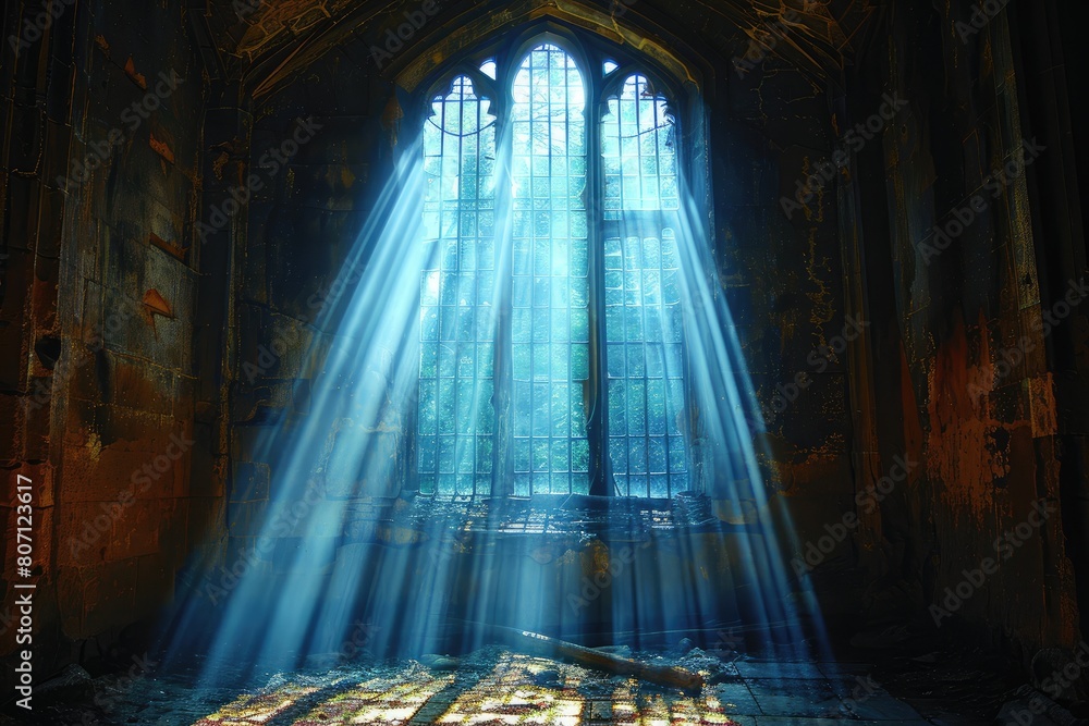 Theater curtain opens, revealing sun shining through a stained glass window