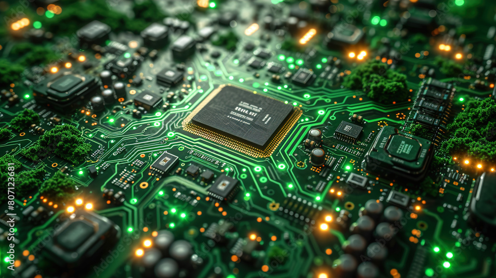 Obraz premium Electronics Circuit Board Machine Microprocessor Motherboard Processor, Integrated circuits, Capacitors, Resistances 
