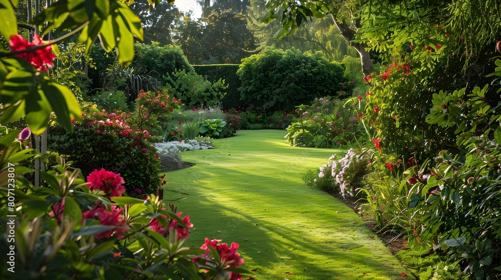 Obraz premium Lush Garden Sanctuary Inviting Relaxation on Lazy Sunday Afternoon