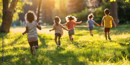 A group of diverse children play joyously in a sunlit park, running across the grass in a scene full of life and energy