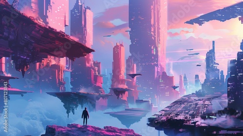 Illustration depicting a cyberpunk-inspired Sci-Fi city with futuristic structures and landscapes, featuring vibrant pink and blue tones that add to the futuristic ambiance. photo