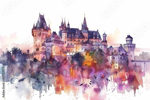 A fantastic watercolor of a historic castle at dusk, isolated white background