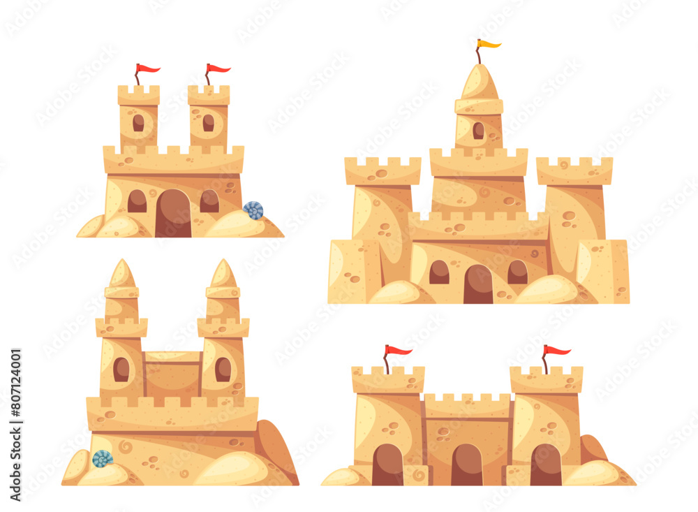 Collection Of Four Whimsical Sand Castles, Each Uniquely Designed With Flags, Intricate Towers, And Archways