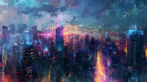 A futuristic painting of a sprawling cityscape at night, isolated with a white background