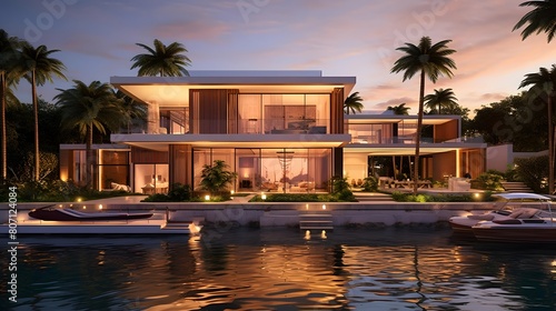 Sunset view of luxury house with swimming pool and palm trees. Luxury villa in tropical resort.