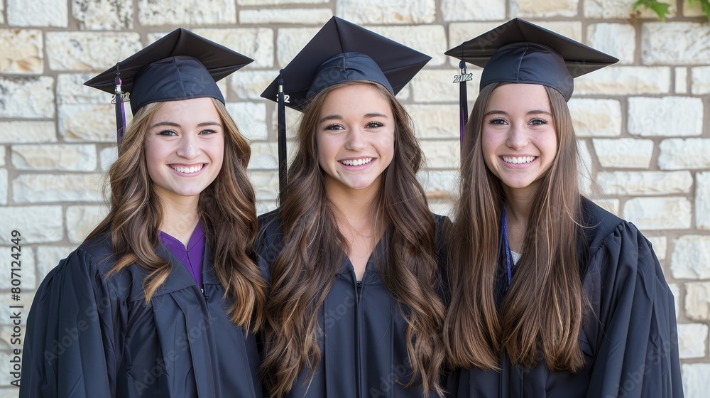   Three girls in graduation caps and gowns pose before a brick wall for a photograph