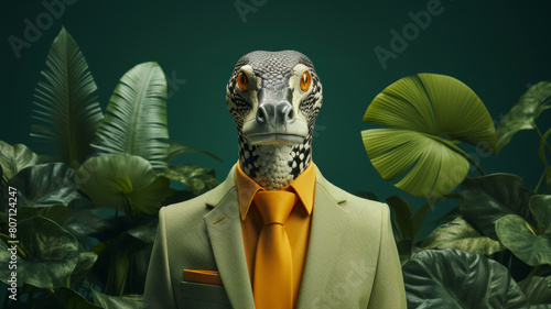 suave snake in a tailored blazer, accessorized with a silk tie and cufflinks.