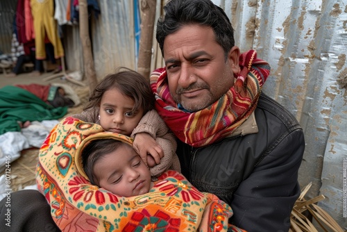 Man smiling while holding two wrapped babies in blankets © Наталья Бойко