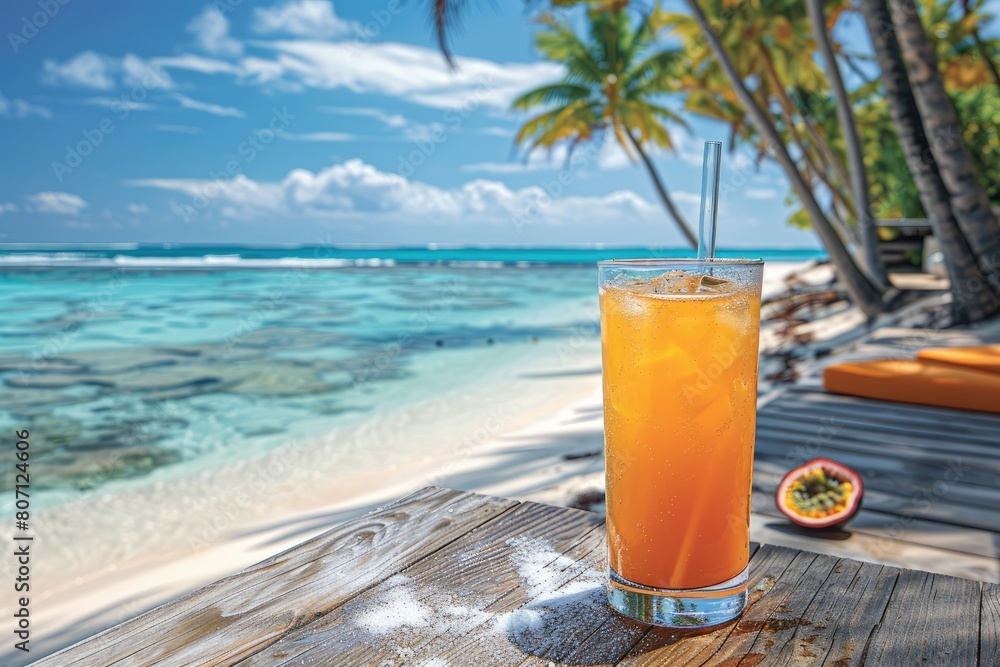 Orange drink poured into glass on beach table with cloudy sky Orange drink poured into glass on beach table with cloudy sky