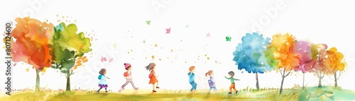 A lovely watercolor of children playing in a park, isolated with a white background photo