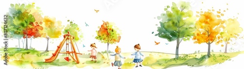 A lovely watercolor of children playing in a park, isolated with a white background
