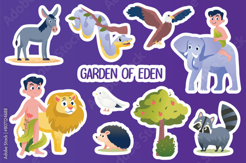Set of stickers Garden of Eden in flat cartoon design. This illustration depicts joy, peace, and harmony in the Garden of Eden. Vector illustration.