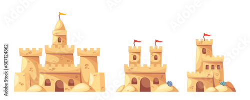 Cartoon Vector Sandcastles With Detailed Turrets, Arches, And Flags, Evoking Creativity, Fun, And Joys Of Summer Beach