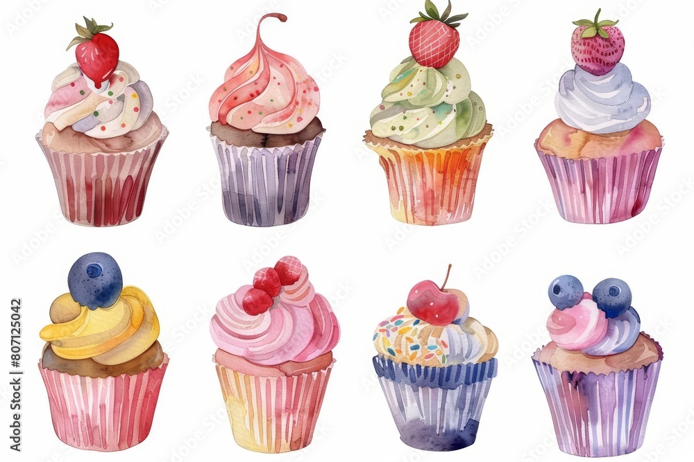 A set of kawaii watercolor cupcakes, isolated minimal with white background A set of kawaii watercolor cupcakes, isolated minimal with white background