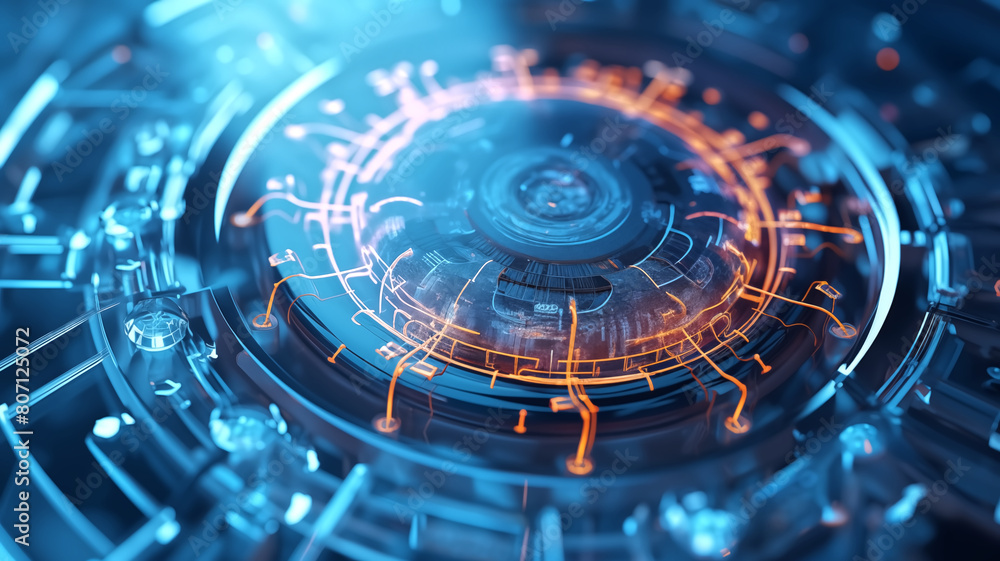 Close-up view of a futuristic, high-tech device with intricate blue and orange circuits and glowing elements.
Close-up view of a futuristic, high-tech device with intricate blue and orange circuits and glowing elements.