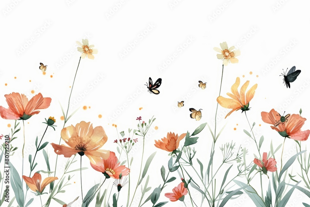 A set of tiny clipart insects buzzing around spring flowers, isolated minimal with white background A set of tiny clipart insects buzzing around spring flowers, isolated minimal with white background