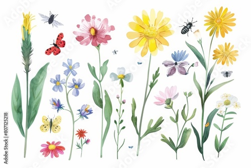 A set of tiny clipart insects buzzing around spring flowers  isolated minimal with white background