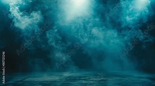  A dark room filled with heavy smoke rising from the ceiling, revealing a spotlit area with a distinct floor in the center © Mikus