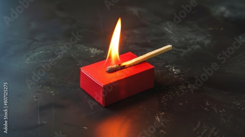 Illustration of a match being rubbed with a matchbox to ignite the flame, showing the side of the red box and the match burning due to friction, resulting in fire.