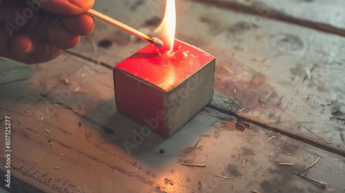 Illustration of a match being rubbed with a matchbox to ignite the flame, showing the side of the red box and the match burning due to friction, resulting in fire. photo