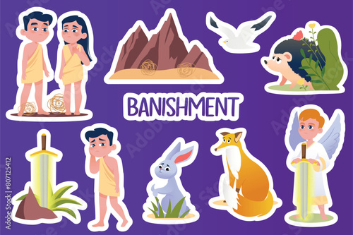 Set of stickers Banishment in flat cartoon design. This charming and colorful collection of stickers depicts the scene of Adam and Eve's expulsion from paradise. Vector illustration.