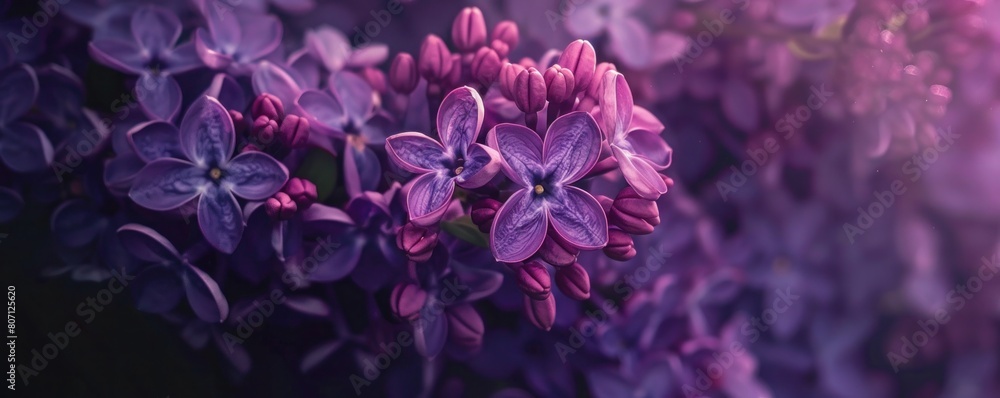 Obraz premium Lilac branch on a blurred violet background, banner with space for text