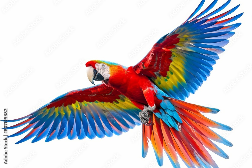 Fototapeta premium A tiny clipart of a colorful parrot in flight, futuristic simple detail clipart isolated white background
