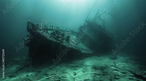 Close-up of a hauntingly beautiful sunken ship resting on the ocean floor, isolated background highlights eerie underwater scene © Paul