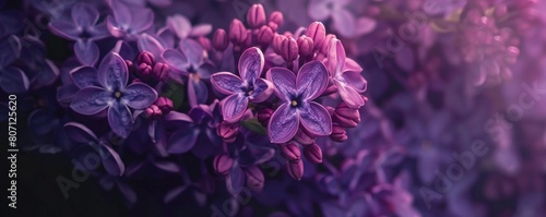 Lilac branch on a blurred violet background, banner with space for text