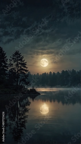 Sure, here is a description for an image combining moon and trees at night:Dark night landscape with a full moon glowing through the trees