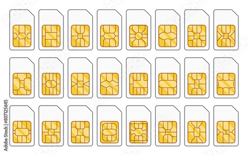 Collection Of Sim Cards With Circuit Pattern. Small Chips Used In Mobile Devices To Store Subscriber Information