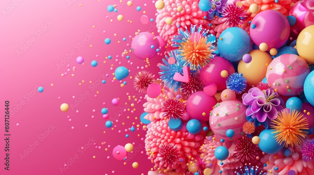 A pink background filled with colorful balloons and an abundant amount of confetti at its base A pink background filled with colorful balloons and an abundant amount of confetti at its base