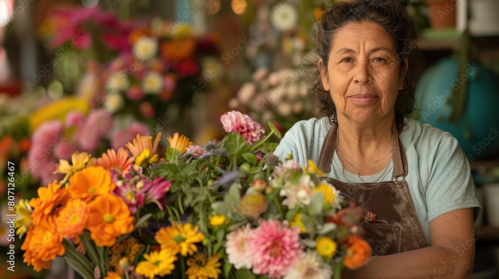 the Hispanic female small business owner's smile reflects the pride she takes in her craft. Stand in front of the florist shop.