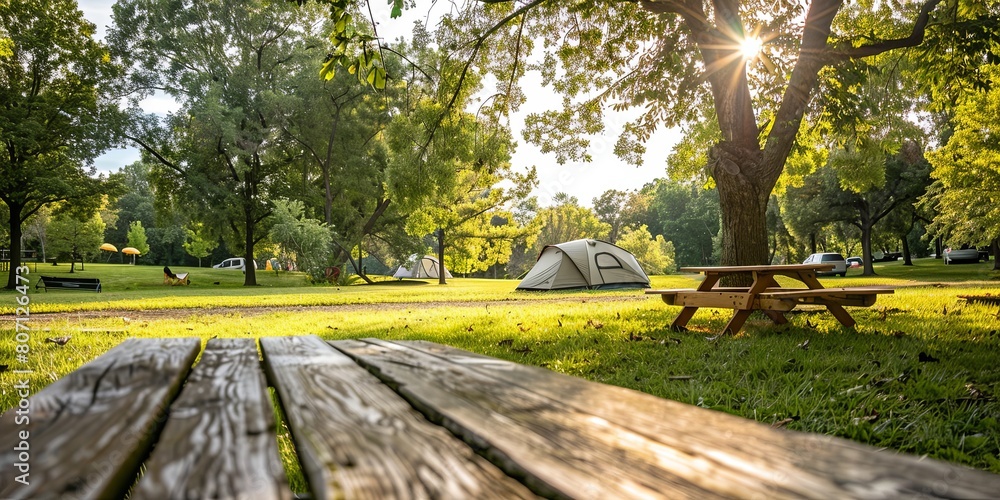 Obraz premium Serene Campsite with Tent and Wooden Table in Lush Park