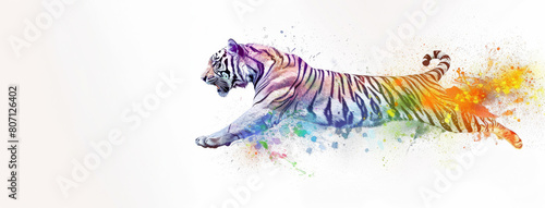 Colorful art watercolor splashes painting depicts  tiger jumping on white background