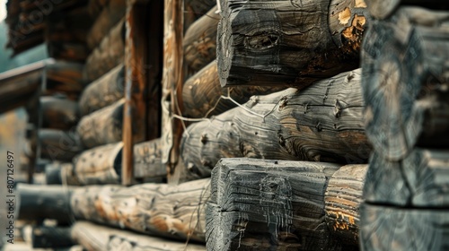 Pile of logs in a log house. Selective focus.