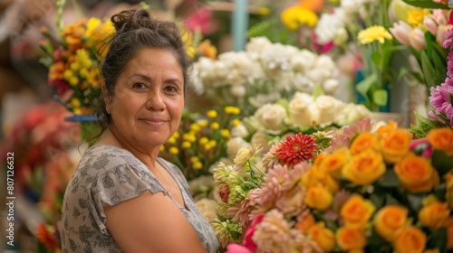 the Hispanic female small business owner's smile reflects the pride she takes in her craft. Stand in front of the florist shop. © thekob5123