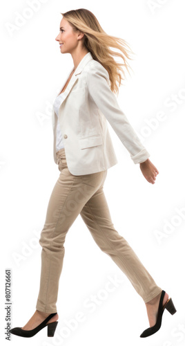 PNG A woman walking footwear blazer.