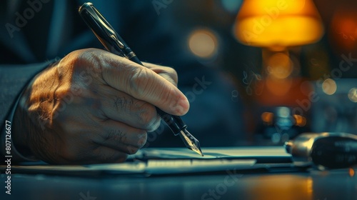 Wallpaper Mural Close-up of an actor's hand holding a fountain pen, poised to write, intense expression during a performance, isolated backdrop Torontodigital.ca