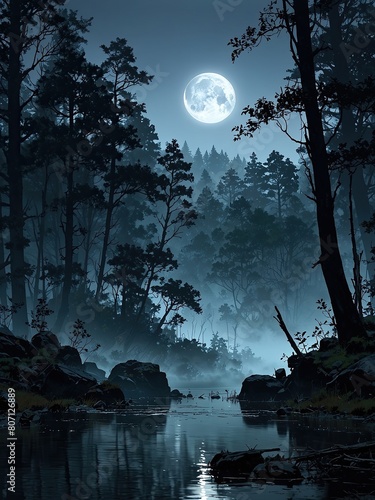 Sure, here is a description for an image combining moon and trees at night:

Dark night landscape with a full moon glowing through the trees