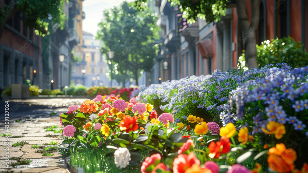 Colorful spring flowers in the streets of the old town