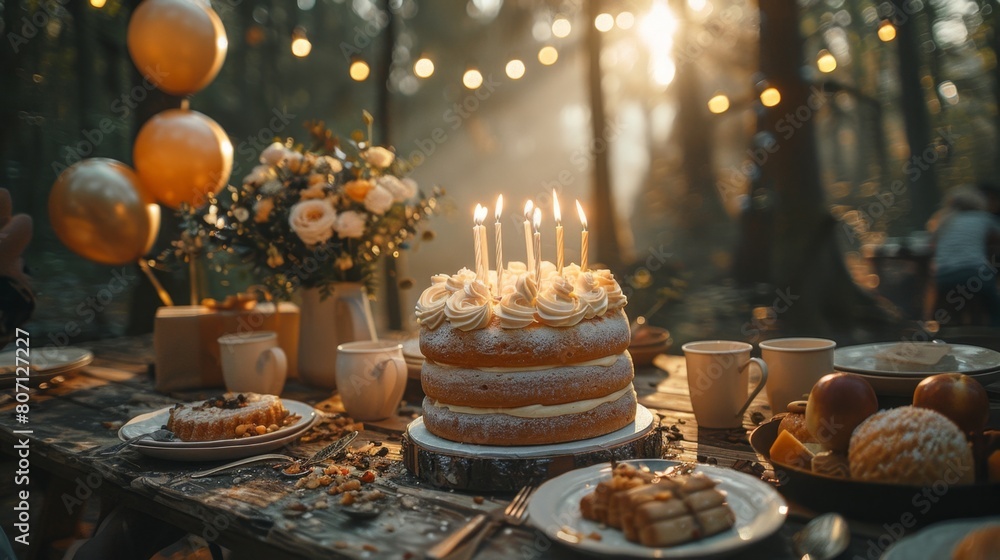 Fototapeta premium A birthday cake with balloons and gifts on a table in a forest, a tea set, and flowers. A happy family is having an outdoor picnic to celebrate their child's first year of life,Joyful Family Picnic 