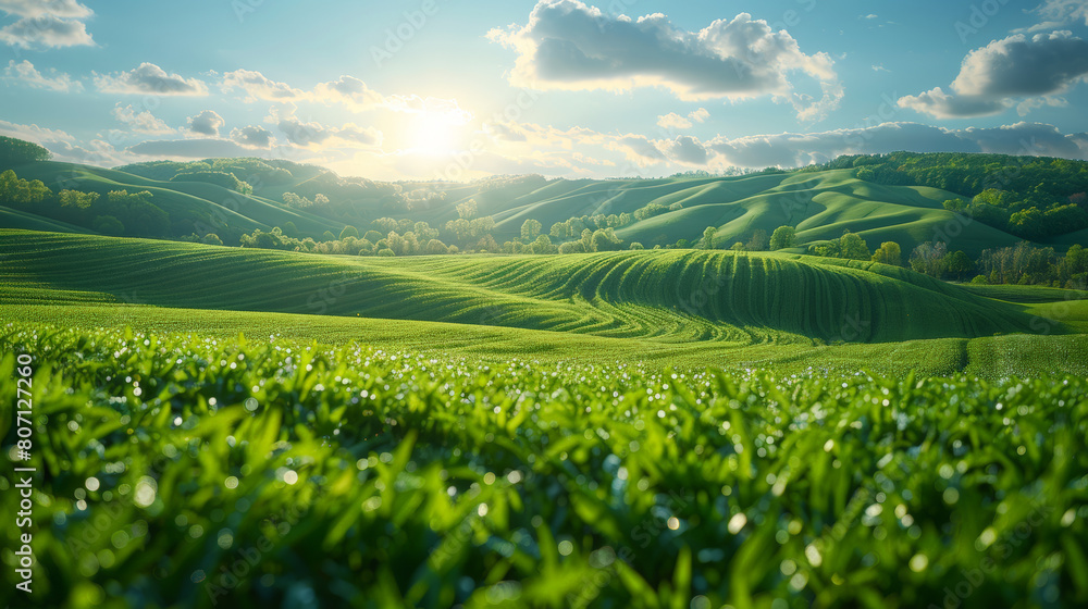 A Serene Symphony of Nature: A Rolling Summer Landscape with Lush Green Grass Field Under the Expansive Blue Sky