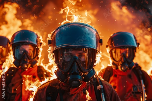 Three individuals in firefighting gear, positioned against a fiery background, exhibit focused expressions through visors. They wear blue helmets and carry equipment, seemingly preparing © N Joy Art 