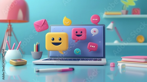 3D speech bubble with a notebook for online platforms. Social media communication, emoji messages, and chat icons on a laptop. Rendered vector illustration.