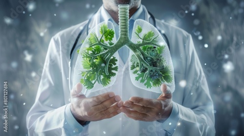 A doctor wearing a white coat with green lungs above his hands. Illustration of healthy lungs. photo