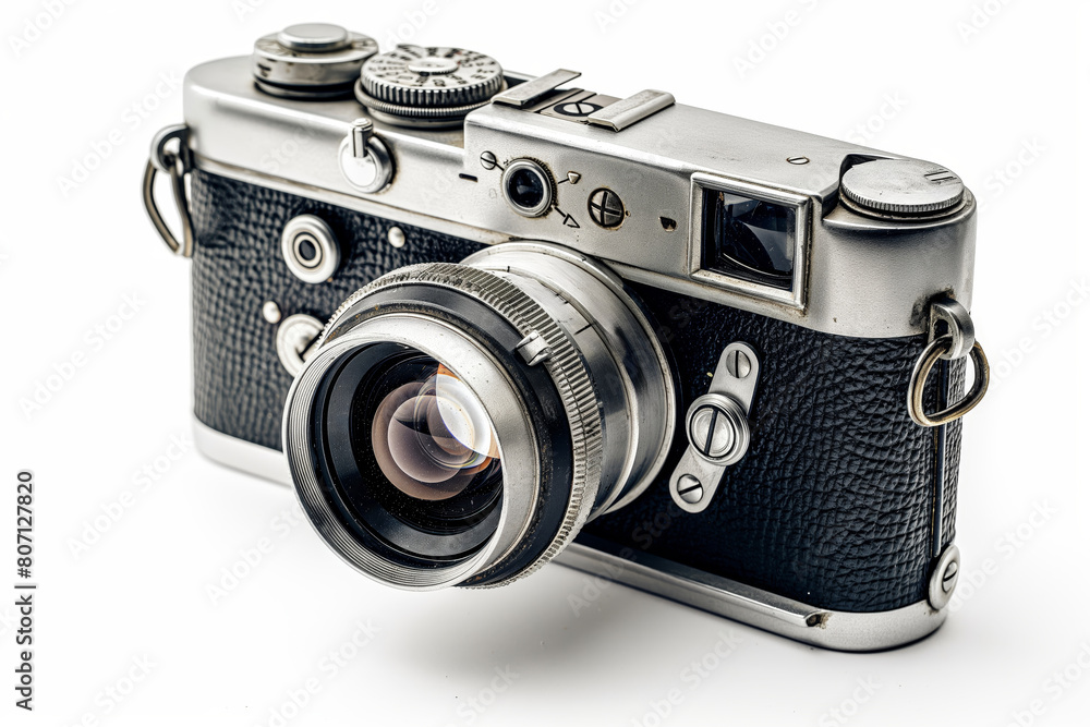 Close-up of a classic film camera with leather detailing and metallic accents