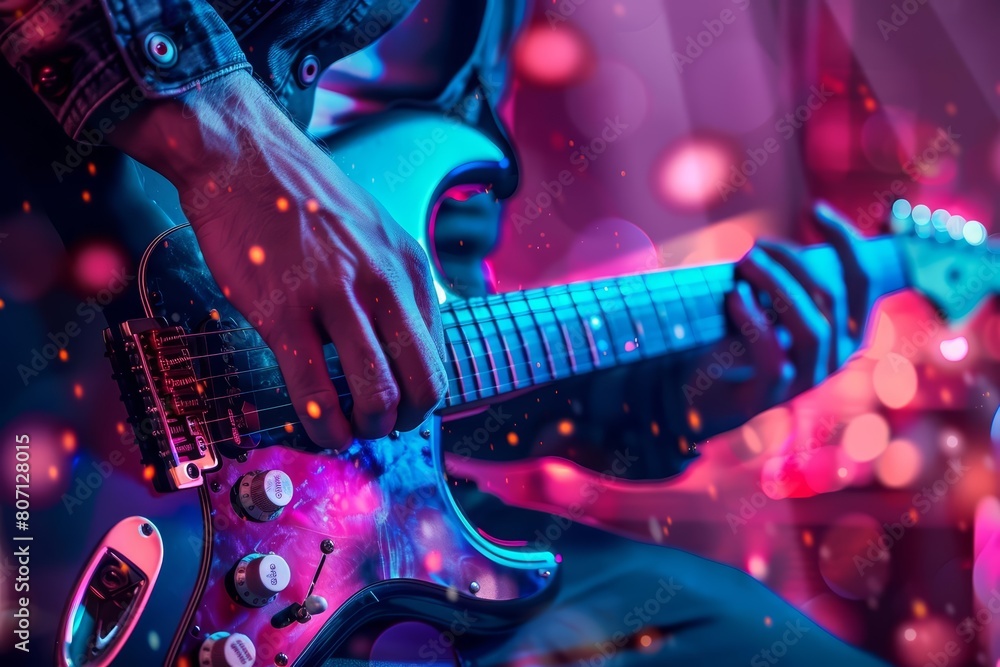 Closeup half body of a musician with Glow HUD big icon of music and sound Closeup half body of a musician with Glow HUD big icon of music and sound
